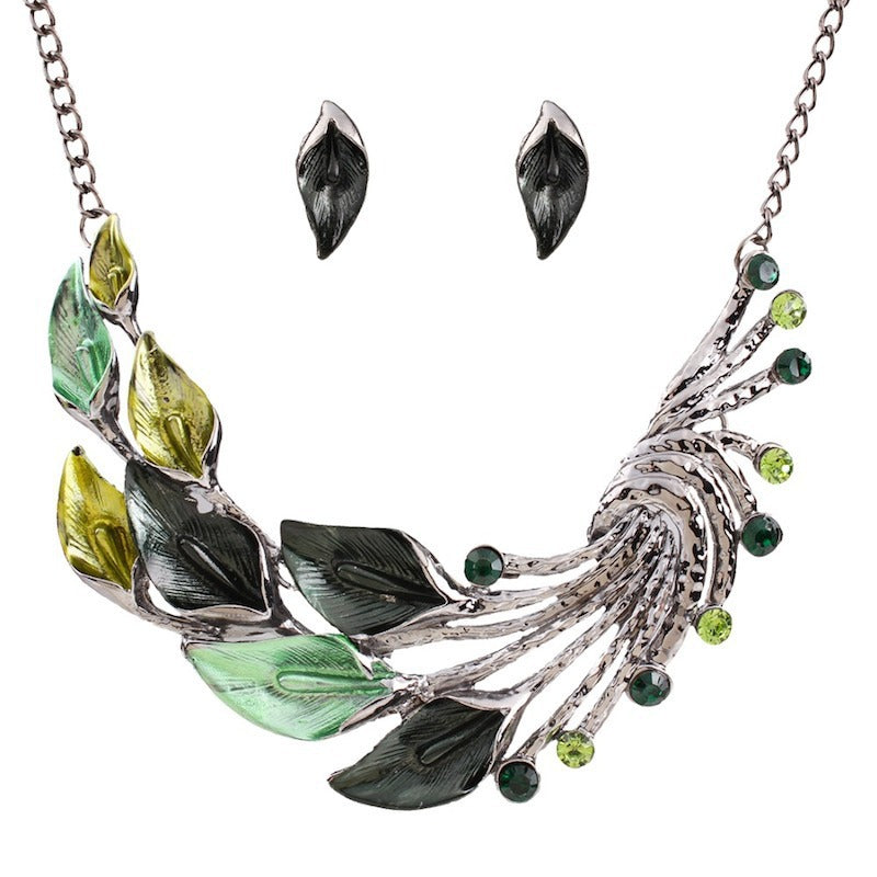 Popular Drop Oil Curved Leaf Necklace & Earring Set