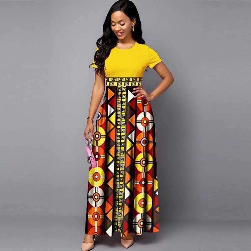 Long Length Ethnic Print Short Sleeved Dress