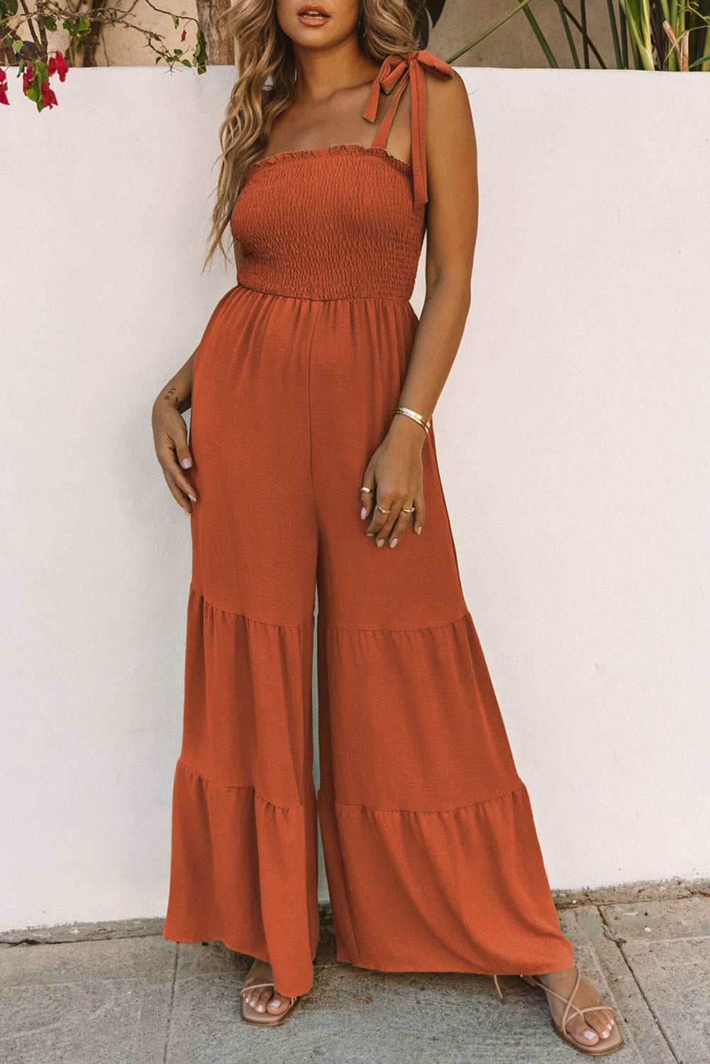 Tie-Shoulder Smocked Jumpsuit