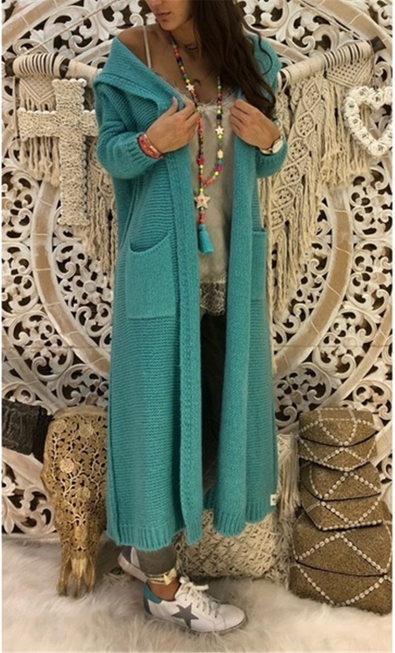 Long Knitted Autumn Hooded Cardigan
