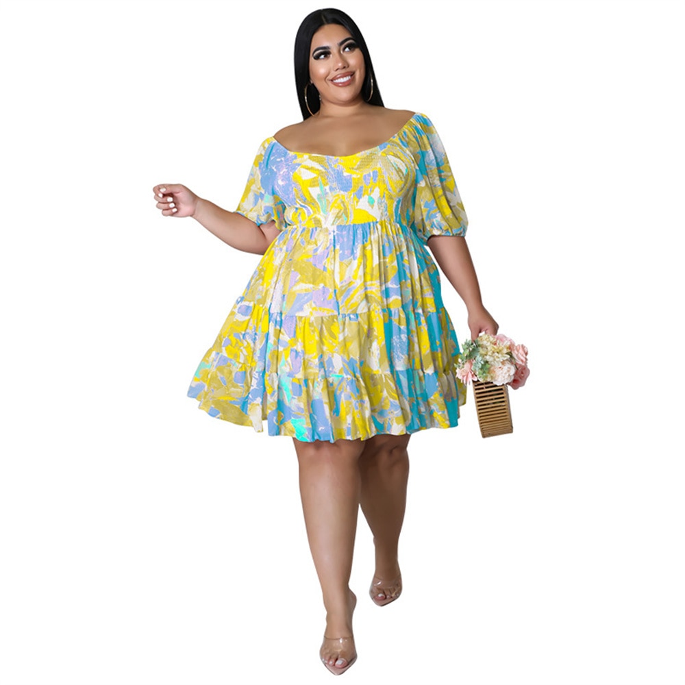 Wmstar Plus Size Babydoll Multicolor Mini Dress