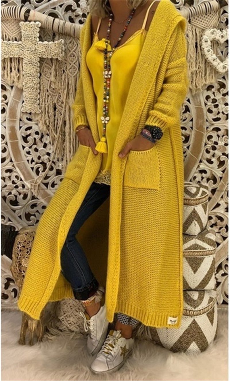 Long Knitted Autumn Hooded Cardigan