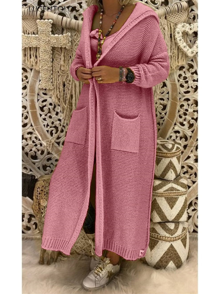 Long Knitted Autumn Hooded Cardigan