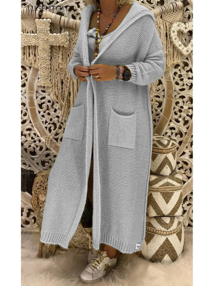 Long Knitted Autumn Hooded Cardigan