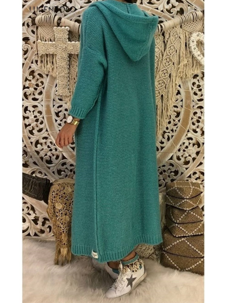 Long Knitted Autumn Hooded Cardigan