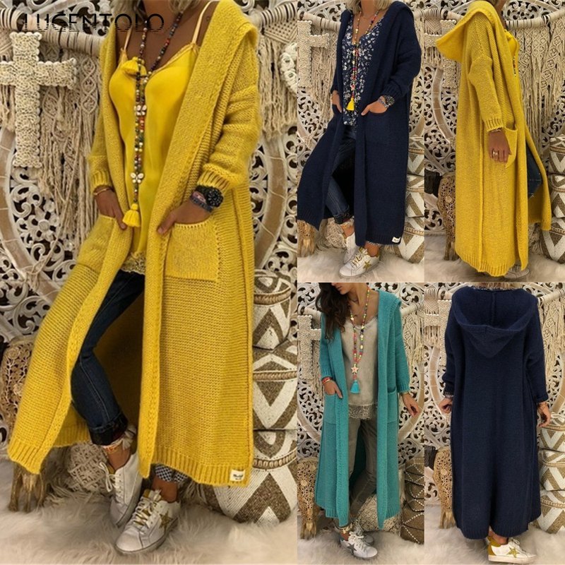Long Knitted Autumn Hooded Cardigan