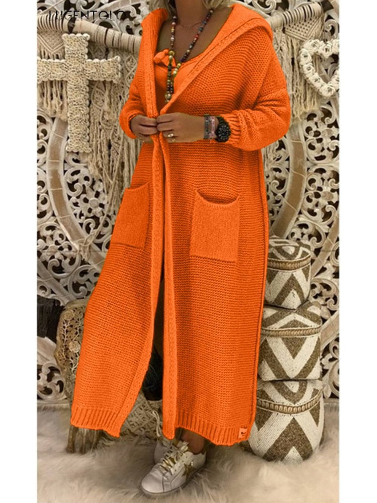Long Knitted Autumn Hooded Cardigan