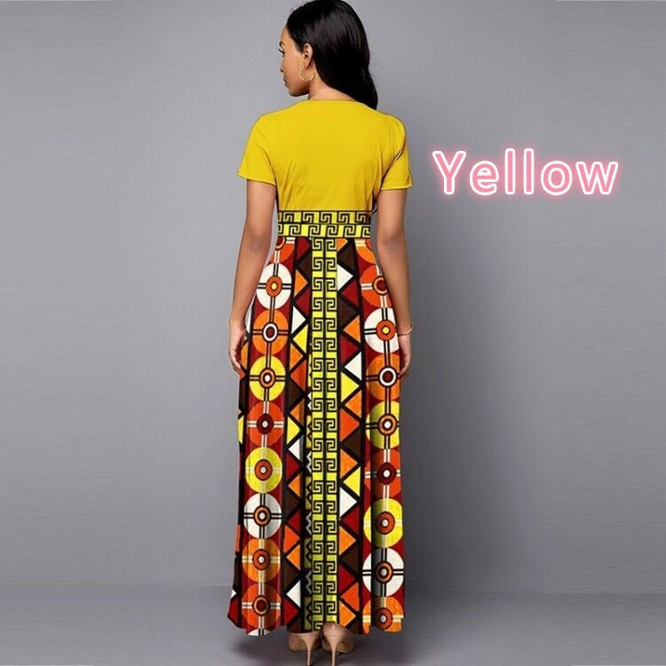 Long Length Ethnic Print Short Sleeved Dress