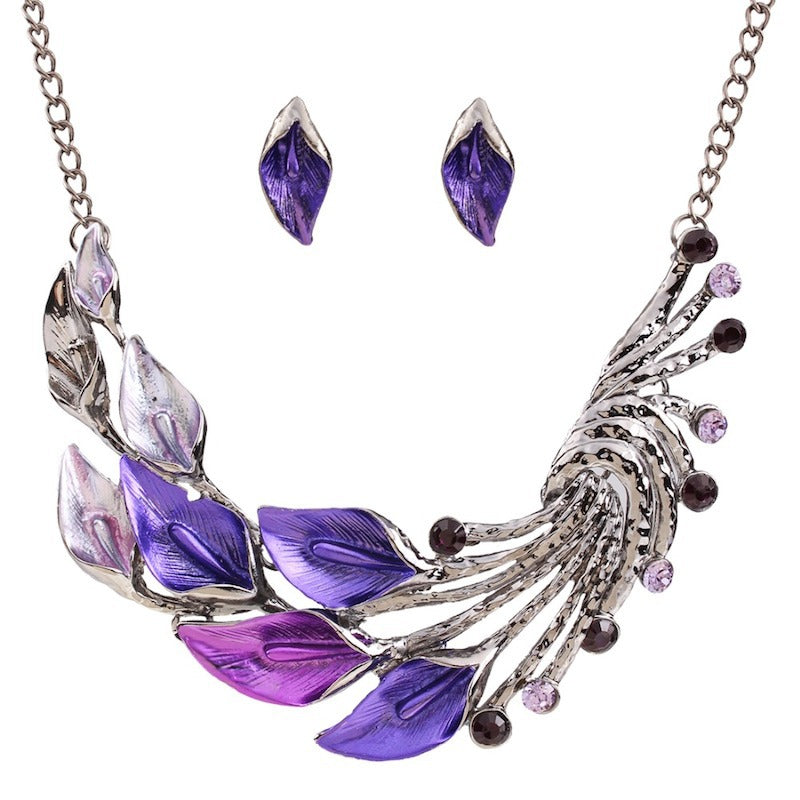 Popular Drop Oil Curved Leaf Necklace & Earring Set