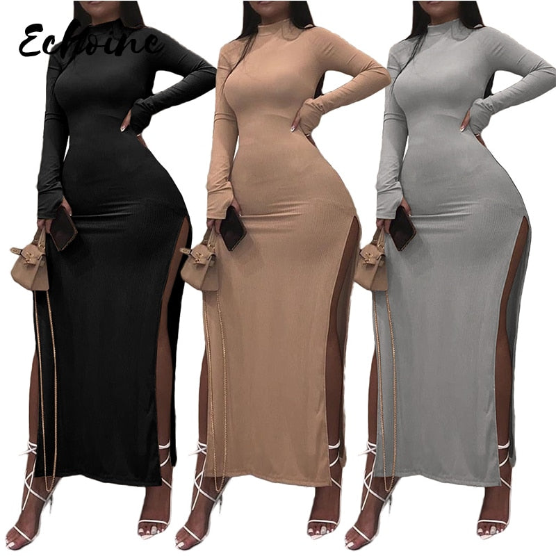 Lady Long Turtleneck High Side Split Maxi Dress