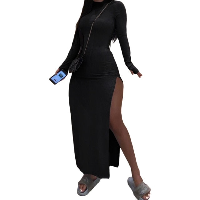 Lady Long Turtleneck High Side Split Maxi Dress