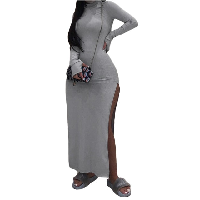 Lady Long Turtleneck High Side Split Maxi Dress