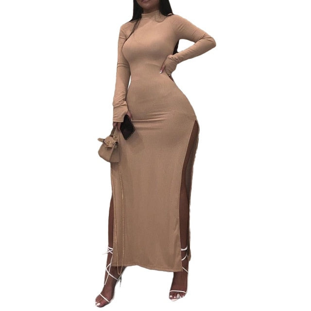 Lady Long Turtleneck High Side Split Maxi Dress