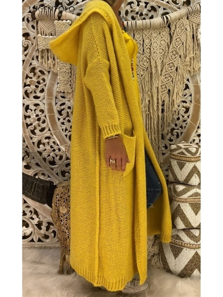 Long Knitted Autumn Hooded Cardigan