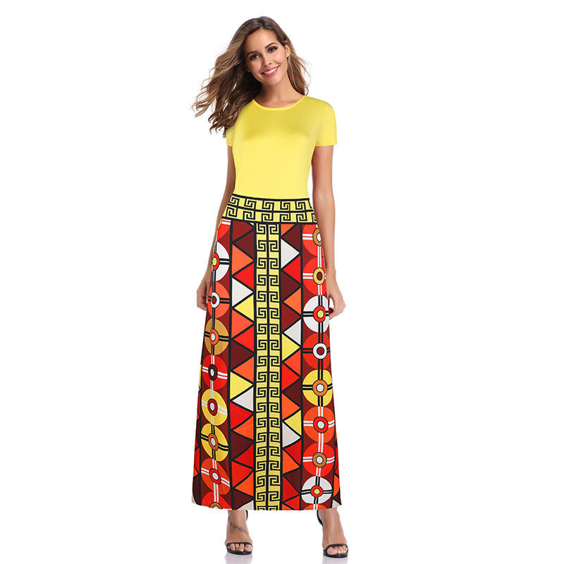 Long Length Ethnic Print Short Sleeved Dress